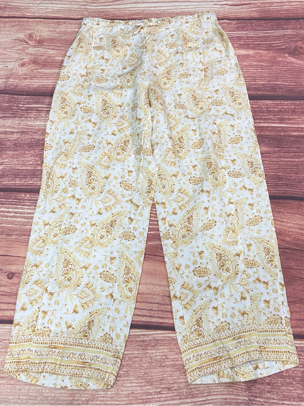 Coldwater Creek Linen 34x29 Paisley White Brown Drawstring Pants - Women’s 14